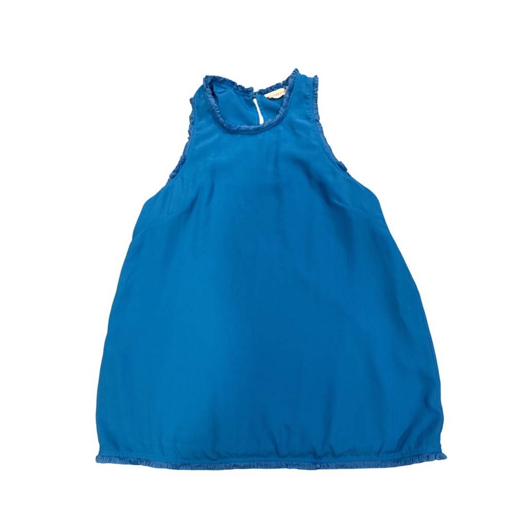 Sugar Lips Woman's Blue Sleeveless Fringe Trim High Neck Keyhole Back Blouse Top